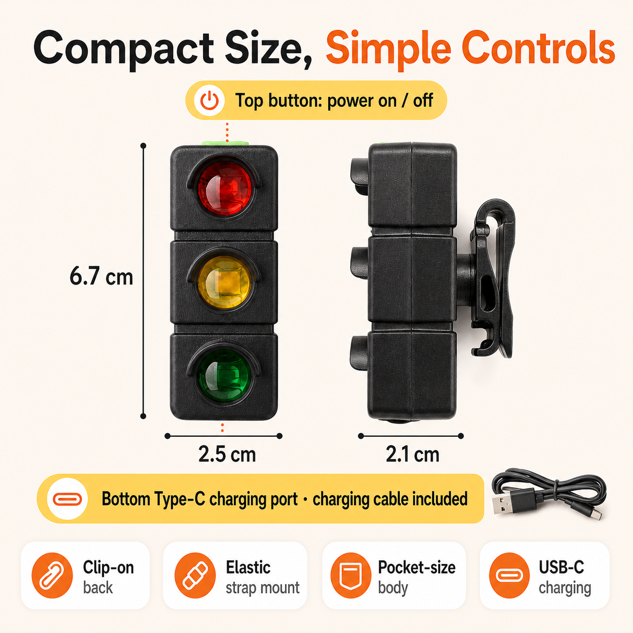 AI Signal Light front and side dimensions with clip mount